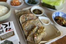 Japchae Rice Paper Dumplings With Soy Dipping Sauce and Three Banchan